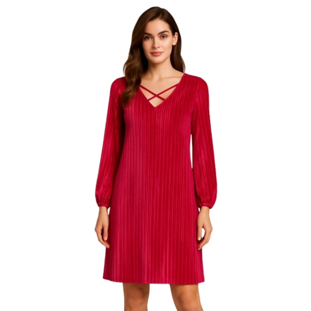 Madison Leigh Red Y2K Plissé Velvet Holiday Festive Midi Dress Women's Medium‎